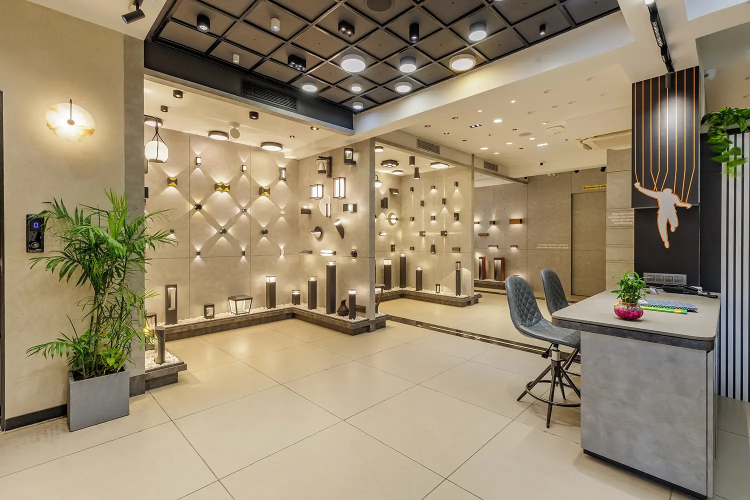 V-Light ground floor — lighting experience center with wall lights and outdoor bollards on live display